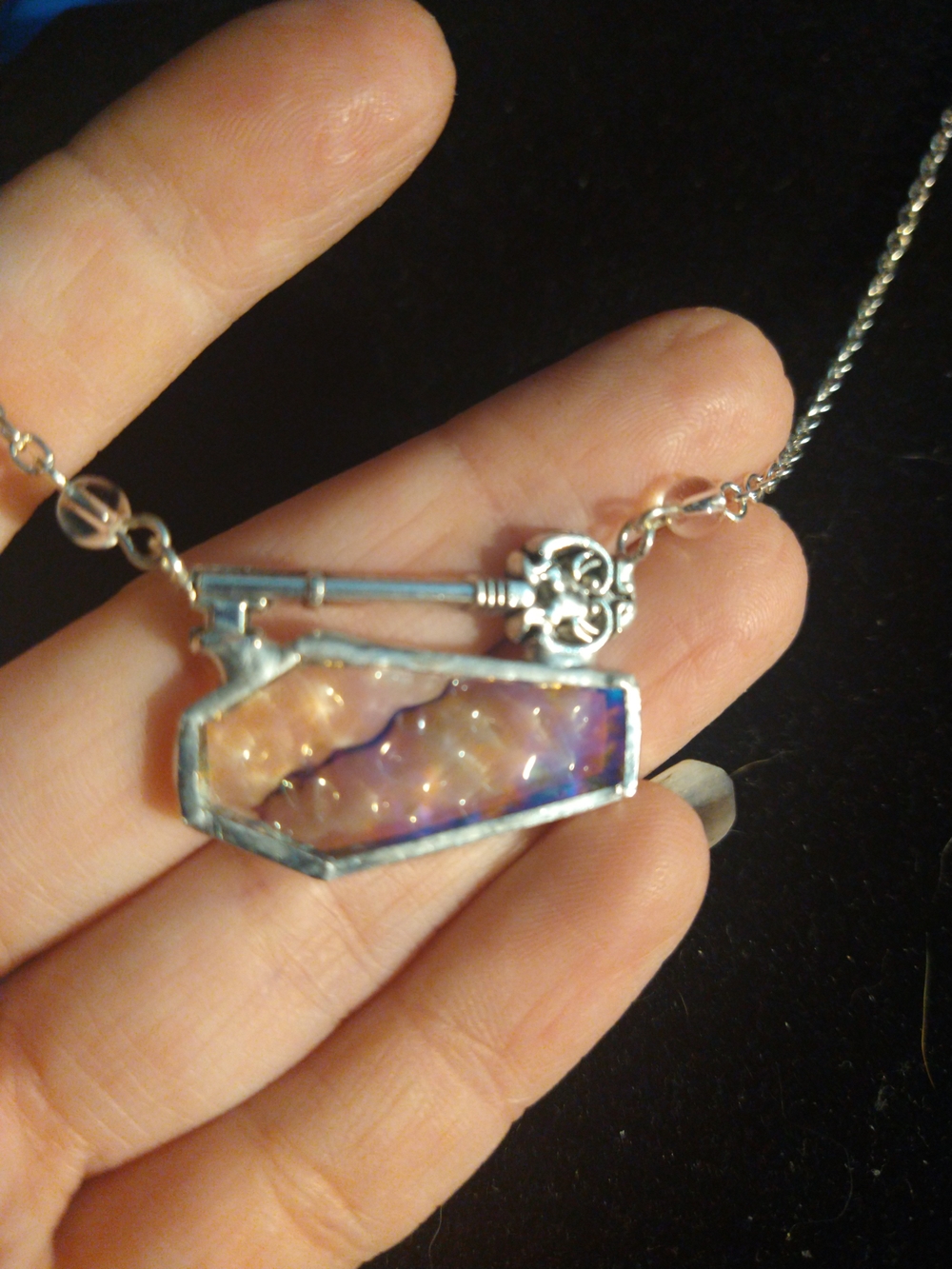 Iridescent Stained Glass Coffin And Key Pendant Necklace in Purple and Peach